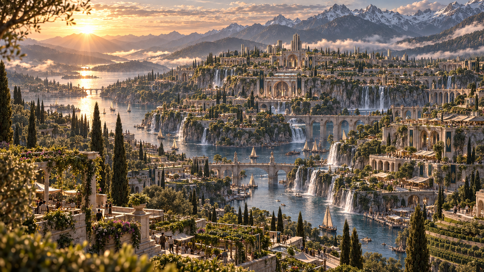 BEYOND visual development: a living city of waterways, waterfalls and mountain architecture at sunrise