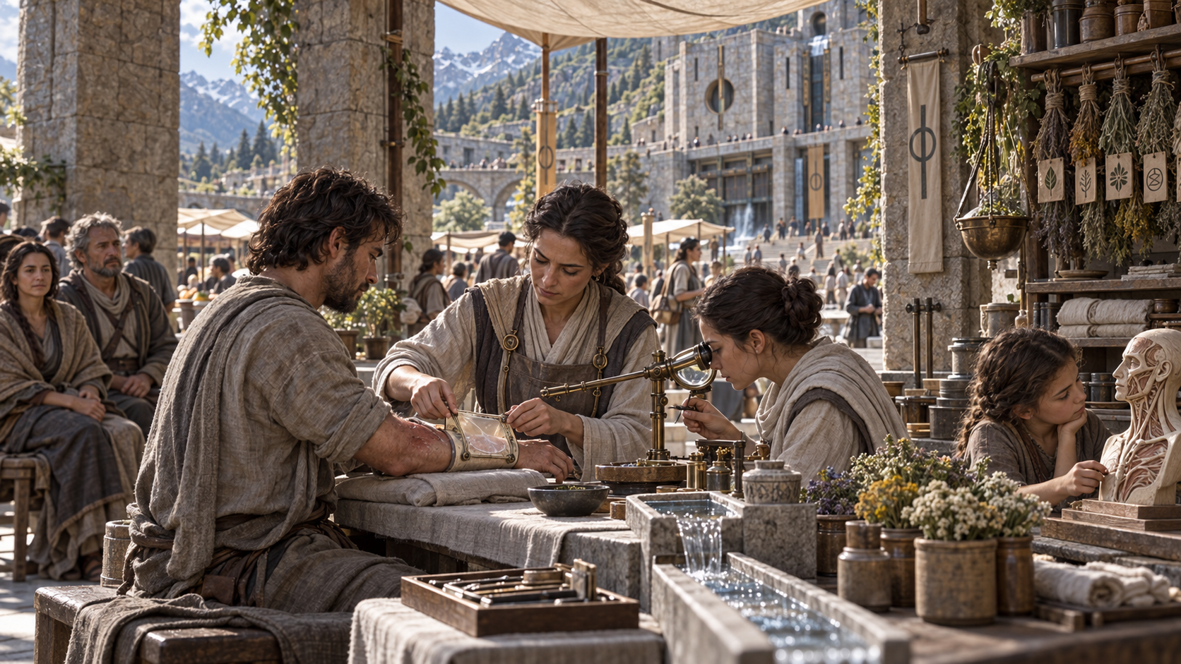 BEYOND visual development: residents work with tools at a busy open-air table in a mountain city